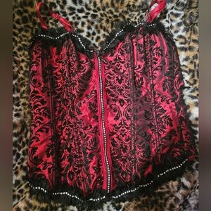 Dreamgirl - red and black goth corset with rhinestones and frills